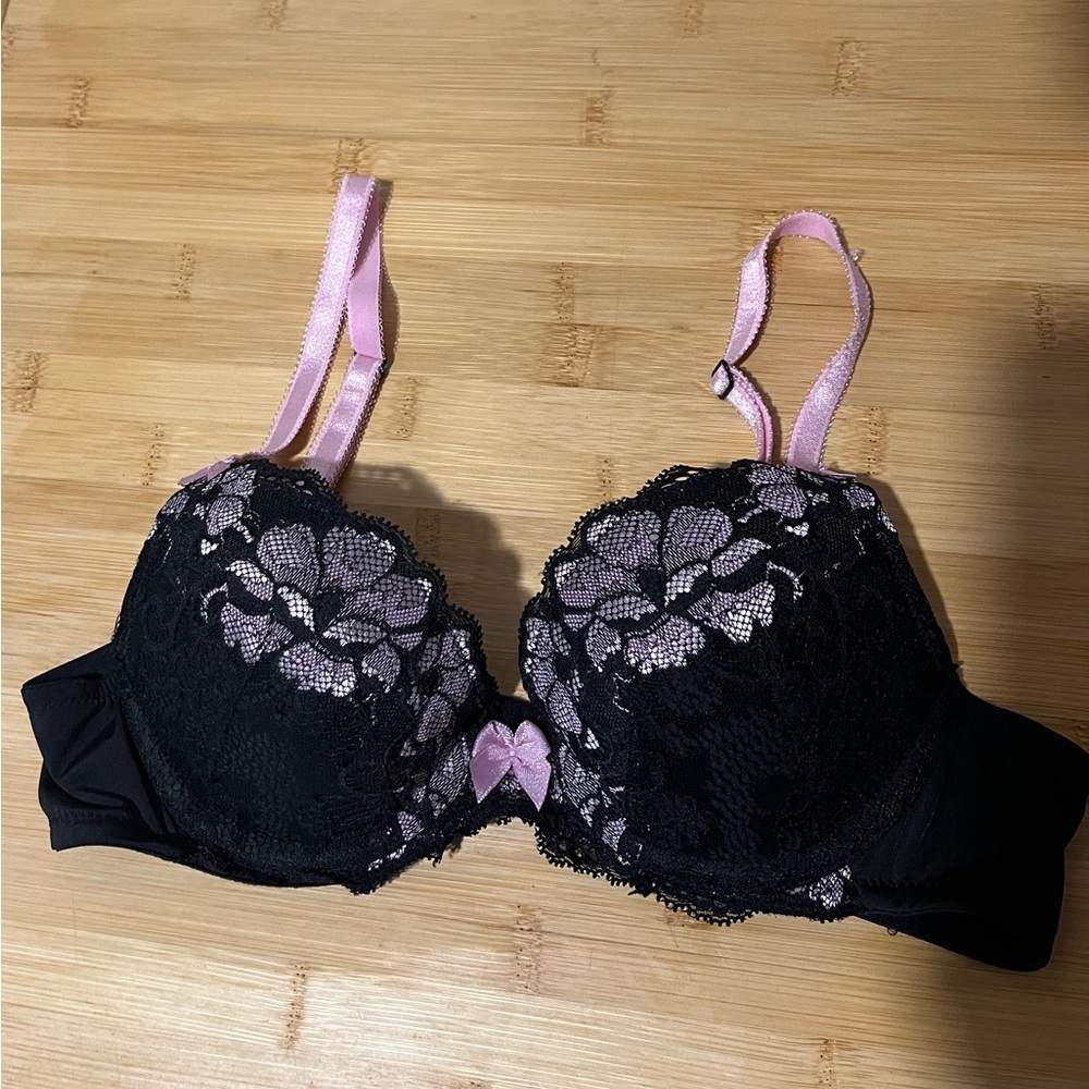 Adore Me Black and Pink Floral Lace Bra